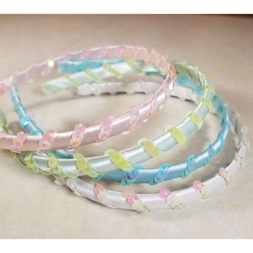 Girls Headbands Lot 4 Pcs 1/2" Wide Sequin Hairbands Blue Green White Pink